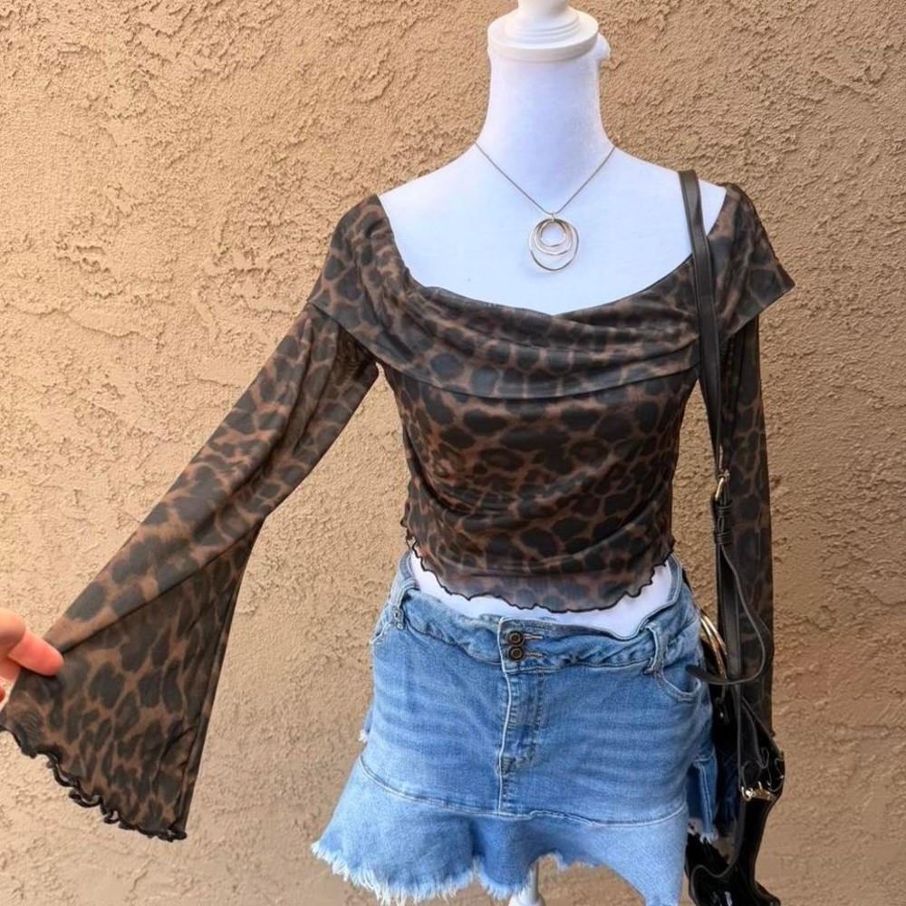 Leopard print mesh off the shoulder top